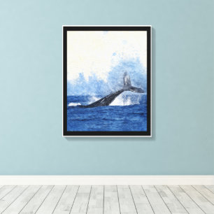Staart van blauwe walvis spetterend in oceaan-kuns canvas afdruk