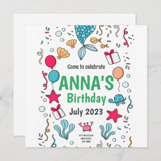 Staart van een schattige zeemeermin, uitnodiging v (Voorkant / Achterkant)