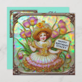 STACEY ~ Carte d'anniversaire ~ Douce Fille aux Fl (Devant / Derrière)