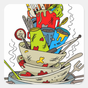Stack of Dirty Dishes Cartoon Vierkante Sticker