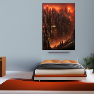 Stad bij de poort van de hel AI Art Poster