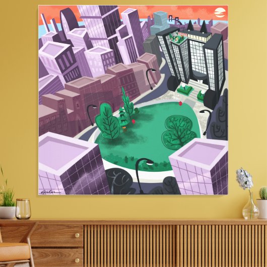 Stad bij zonsondergang canvas afdruk (Insitu (Woonkamer))