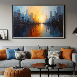 Stad bij zonsondergang poster