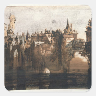 Stad met een gebroken brug vierkante sticker
