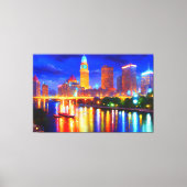 stad neon rivier skyscraper heldere kleurrijke kun canvas afdruk (Voorkant)