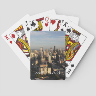Stad Seattle. Uitzicht vanaf stadstoren. Landschap Pokerkaarten