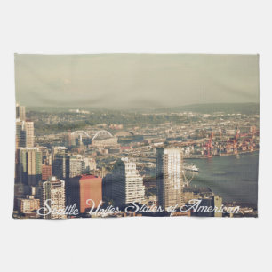 Stad Seattle. Uitzicht vanaf stadstoren. Landschap Theedoek