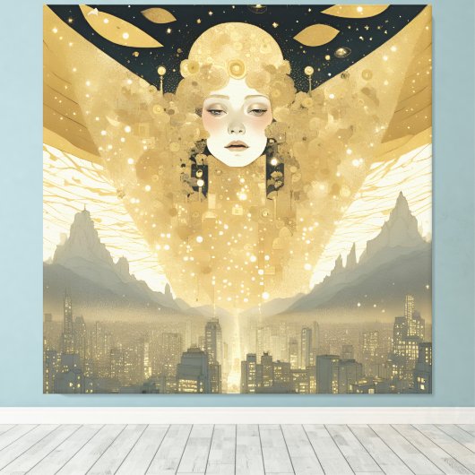 Stad van Engelen Vrouw in Goud Canvas Afdruk (Insitu (Houten vloer))