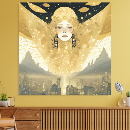 Stad van Engelen Vrouw in Goud Canvas Afdruk (Insitu (Woonkamer))