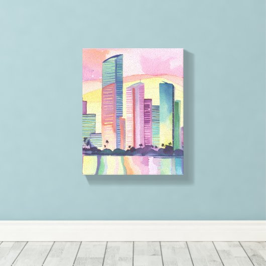 Stad van kleur | Waterverf Skyline van Miami Canvas Afdruk (Insitu (Houten vloer))