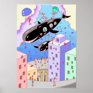 Stad waar het walvis-luftschip reist. poster