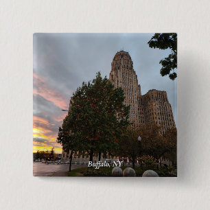 Stadhuis en zonsondergang vierkante button 5,1 cm