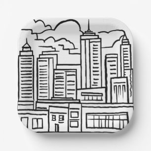 Stads Silhouet Zwart & Wit Tekening Papieren Bordje