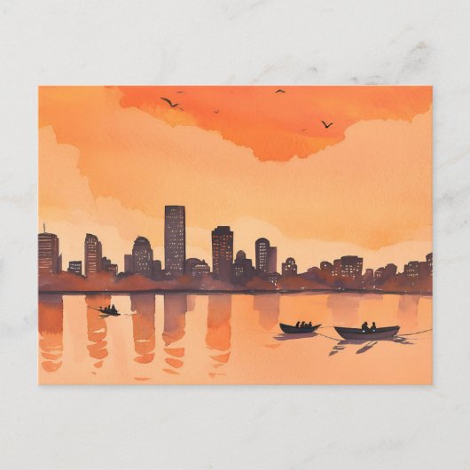 stadsgezicht zonsondergang | Oranje stad skyline W Briefkaart (Voorkant)