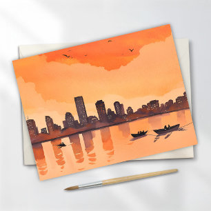 Stadsgezicht Zonsondergang   Oranje Stadssilhouet  Briefkaart