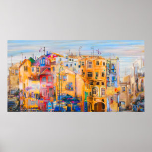Stadsmoodschilderij, olie, landschap, stad, abstra poster