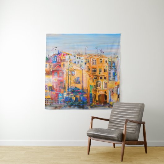 Stadsmoodschilderij, olie, landschap, stad, abstra wandkleed (In situ)