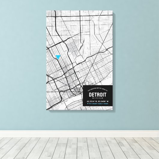 Stadsplattegrond van Detroit, Michigan + Markeer u Canvas Afdruk (Insitu (Houten vloer))