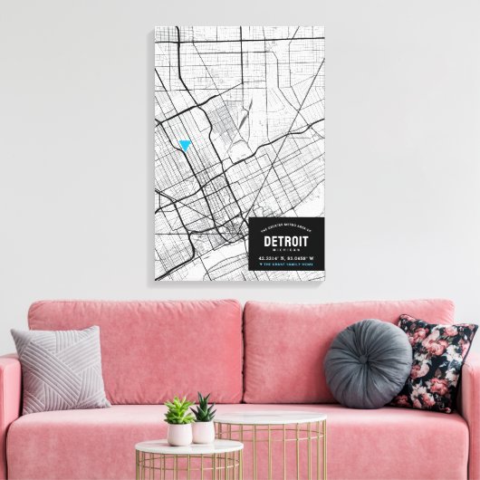 Stadsplattegrond van Detroit, Michigan + Markeer u Canvas Afdruk (Insitu (Woonkamer))