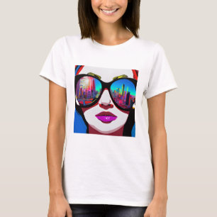 Stadsreflectie in zonnebril vrouw t-shirt