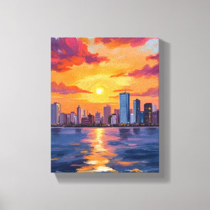 Stadssilhouet Zonsondergang Aquarel Canvas Afdruk