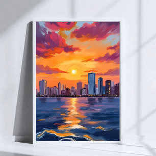 Stadssilhouet Zonsondergang Aquarel Kunst Poster