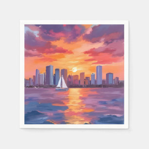 Stadssilhouet Zonsondergang Reflectie Aquarel Schi Servet