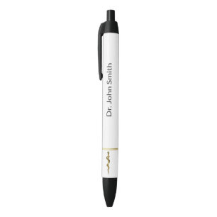Staf van Asclepius Medisch Goud op Witte Klasse Zwarte Inkt Pen