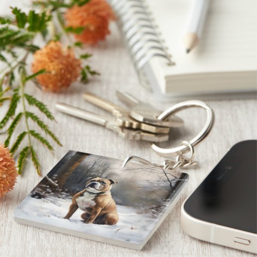 Staffordshire Bull Terrier laat het sneeuwKerstmis Sleutelhanger (Voorkant Rechts)