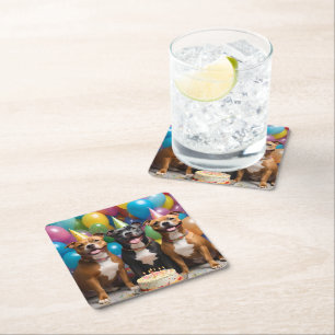 Staffy Feest: Een Verjaardagsfeest met Taart  Vierkante Kartonnen Onderzetter