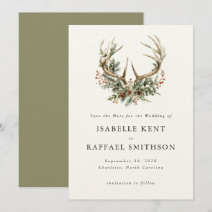 Stag Antlers rustieke winter bloemengroen bruiloft Save The Date