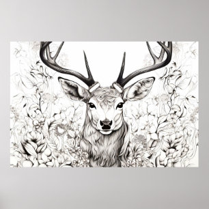 Stag Herten Vreedzame Natuur Prairie Schetstekenin Poster