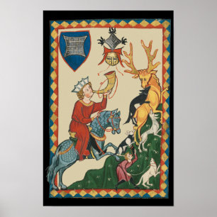 Stag Hunt, middeleeuwse kunst uit de 14e eeuw Poster