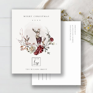 Stag Marsala Foliage Wreath Merry Logo Feestdagenkaart
