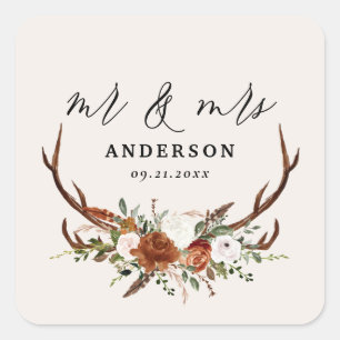 Stag rustic botanical bruiloft mr. and mrs script vierkante sticker