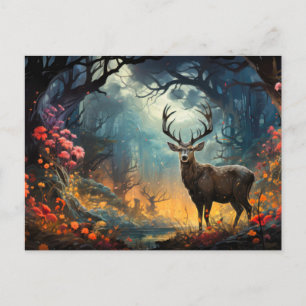 Stag staande in bos Wildflower Meadow Briefkaart