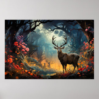Stag staande in bos Wildflower Meadow Poster