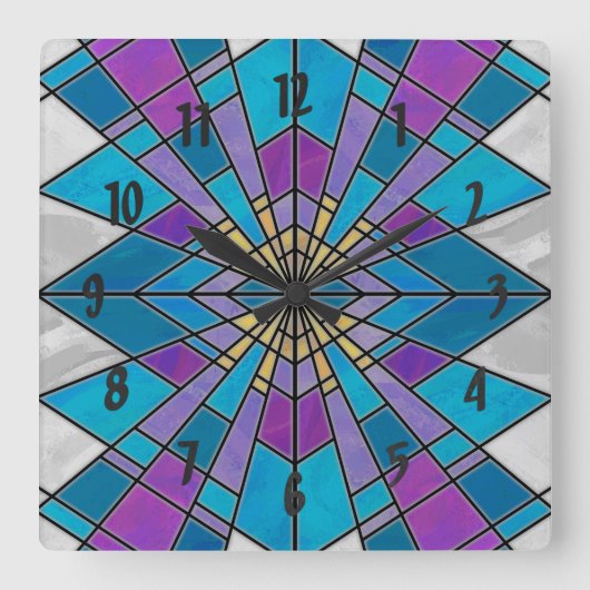 Stain Glass Ray Blue en Paars Vierkante Klok (Voorkant)