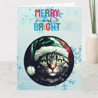 Stained-Glass Christmas Grey Tabby In Green Hat Kaart
