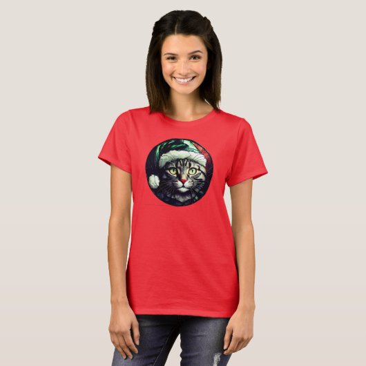 Stained-Glass Christmas Grey Tabby In Green Hat T-shirt (Voorkant volledig)