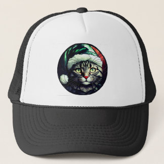 Stained-Glass Christmas Grey Tabby In Green Hat Trucker Pet