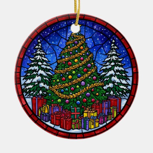 Stained Glass Christmas Tree with Presents Keramisch Ornament (Voorkant)
