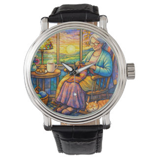 Stained Glass Grandma Knitting, Cat & Cozy Home  Horloge
