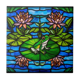 Stained Glass Green Frog and Water Lily Flowers  Tegeltje