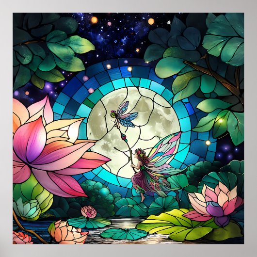 Stained Glass Little Fairy With Dragonfly Poster (Voorkant)