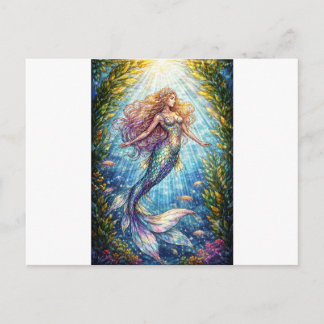 Stained-Glass Mermaid: A mermaid Holiday Postcard Feestdagenkaart