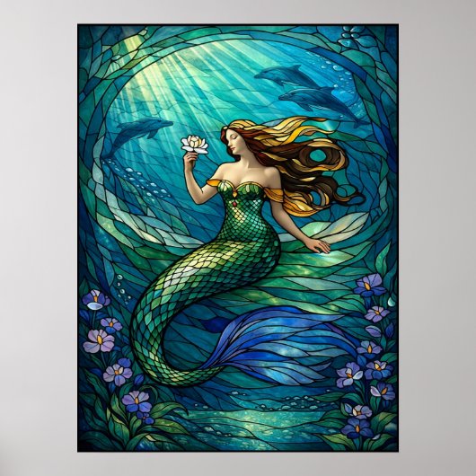 Stained Glass Mermaid Wall Art Poster (Devant)