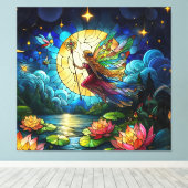 Stained Glass Moonlight Flight Fairy  Canvas Afdruk (Insitu (Houten vloer))