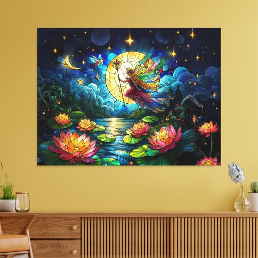 Stained Glass Moonlight Flight Fairy  Canvas Afdruk (Insitu (Woonkamer))
