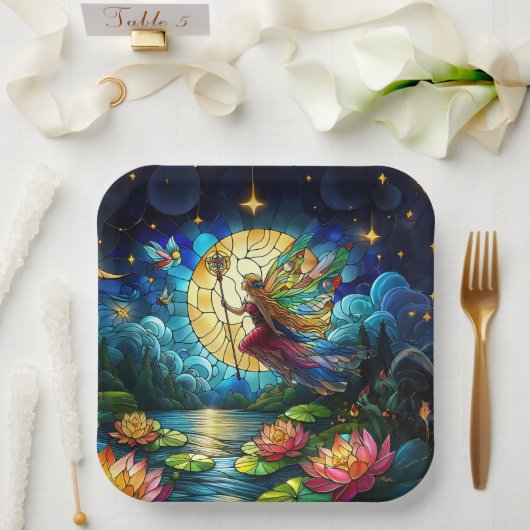 Stained Glass Moonlight Flight Fairy  Papieren Bordje (Huwelijk)